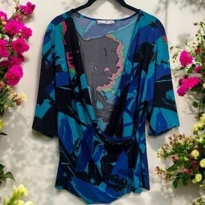 Natori Blue and Black Marbled Watercolor Crossover Blouse Women's Size 1X